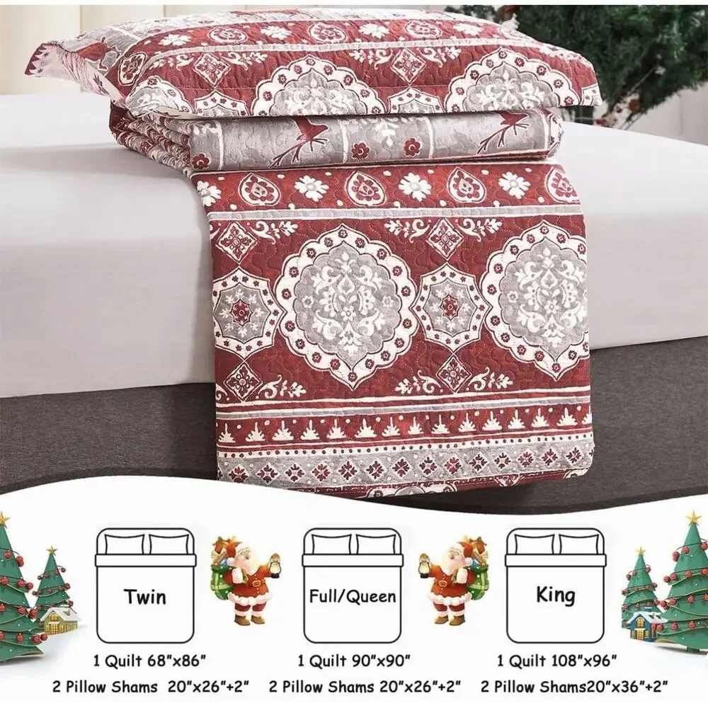 3 Pcs Red Gray Christmas Reindeer Bedding Quilt Set King